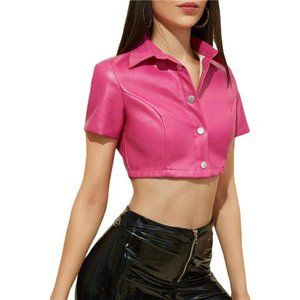 Leather Button Down Shirt Crop Top